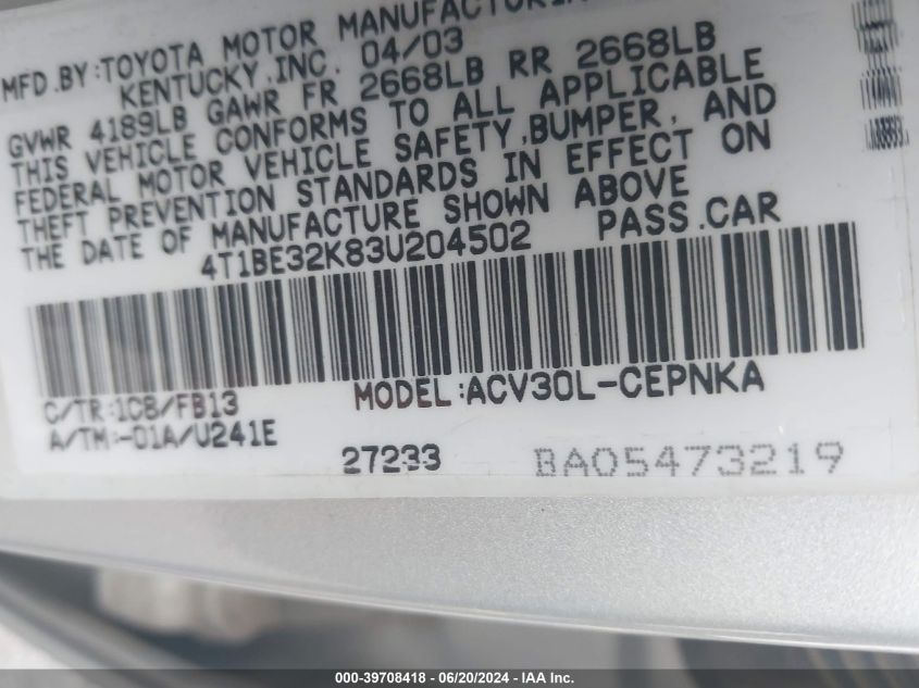 2003 Toyota Camry Le VIN: 4T1BE32K83U204502 Lot: 39708418