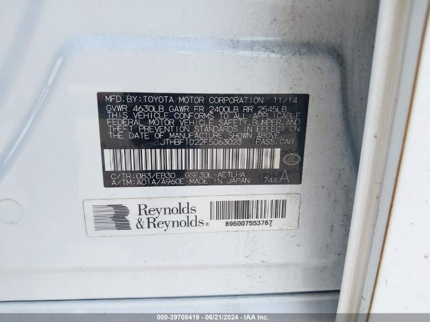 2015 Lexus Is 250 VIN: JTHBF1D22F5063023 Lot: 39708419