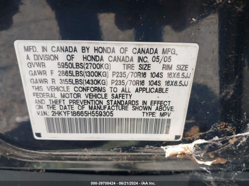 2005 Honda Pilot Ex-L VIN: 2HKYF18665H559305 Lot: 39708424