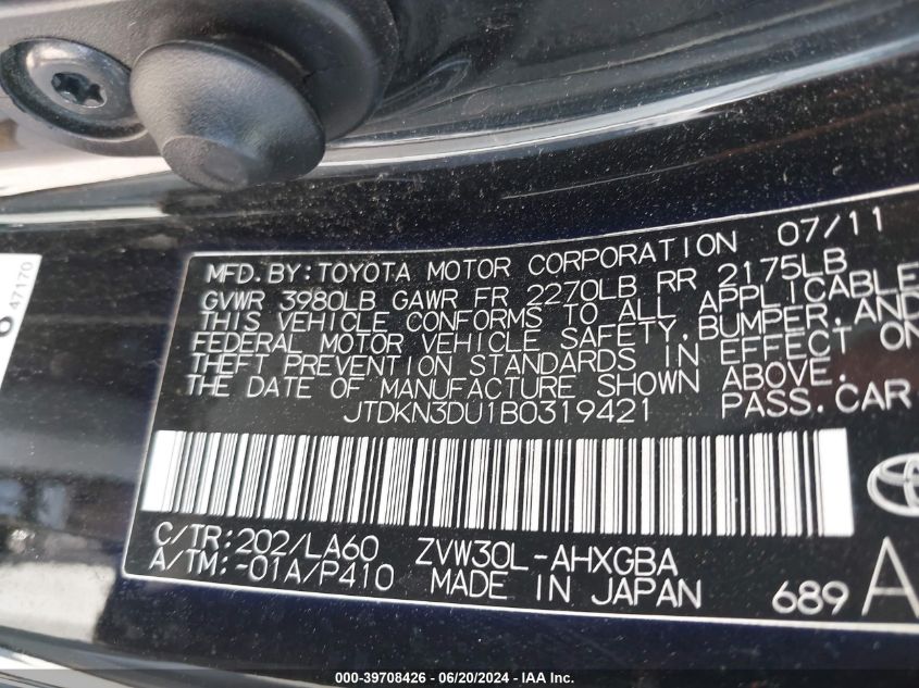 2011 Toyota Prius Four VIN: JTDKN3DU1B0319421 Lot: 39708426