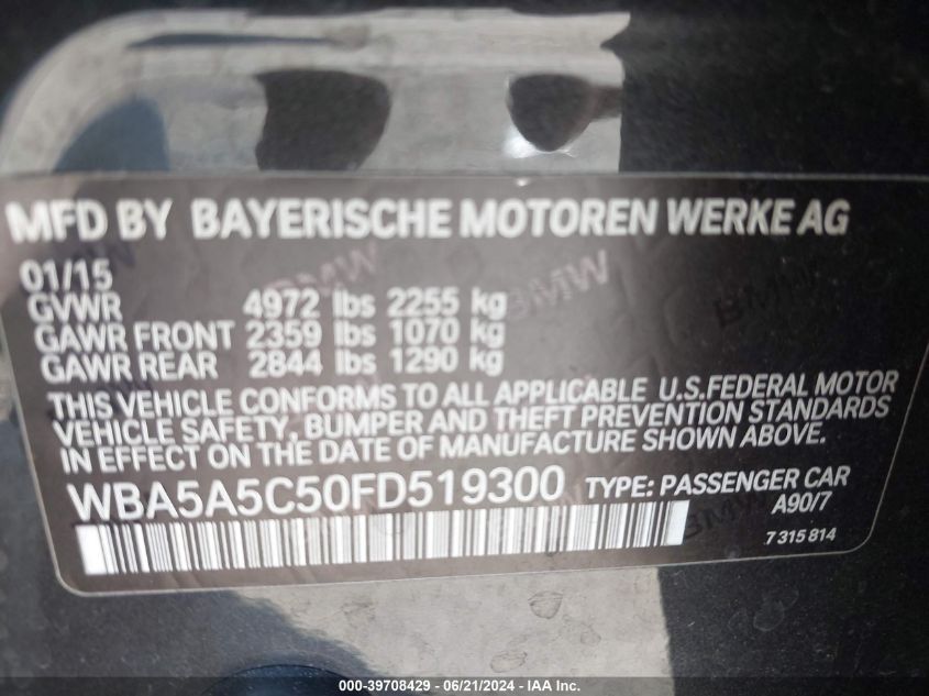 2015 BMW 528I I VIN: WBA5A5C50FD519300 Lot: 39708429