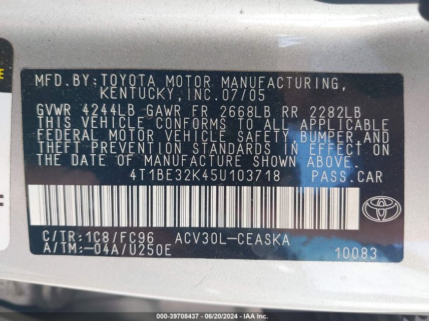 2005 Toyota Camry Se VIN: 4T1BE32K45U103718 Lot: 39708437