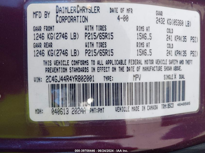 2000 Chrysler Grand Voyager Se VIN: 2C4GJ44R4YR802001 Lot: 39708446