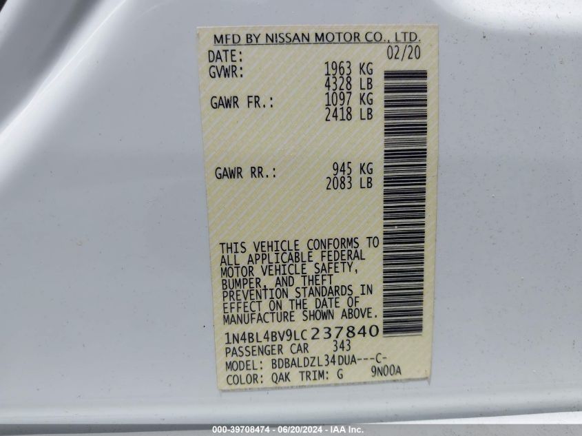 2020 Nissan Altima S Fwd VIN: 1N4BL4BV9LC237840 Lot: 39708474