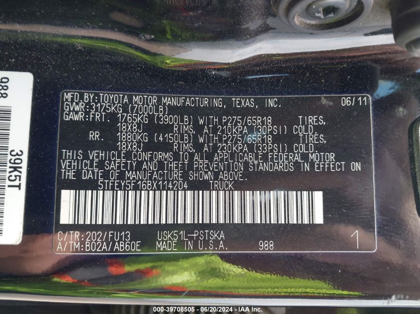 2011 Toyota Tundra Grade 5.7L V8 VIN: 5TFEY5F16BX114204 Lot: 39708505