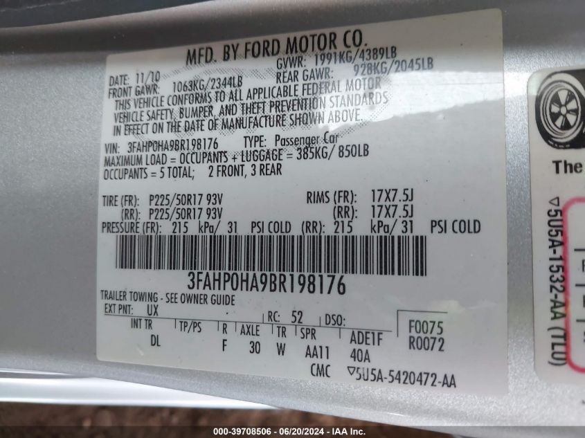 2011 Ford Fusion Se VIN: 3FAHP0HA9BR198176 Lot: 39708506