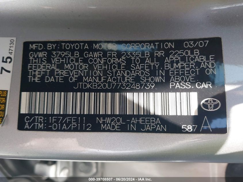 2007 Toyota Prius VIN: JTDKB20U773248739 Lot: 39708507