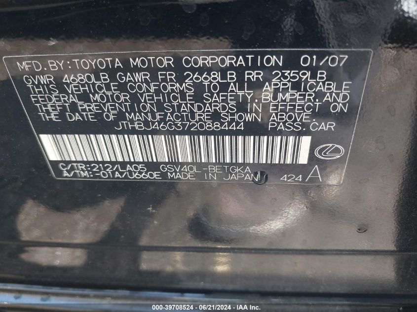 2007 Lexus Es 350 VIN: JTHBJ46G372088444 Lot: 39708524