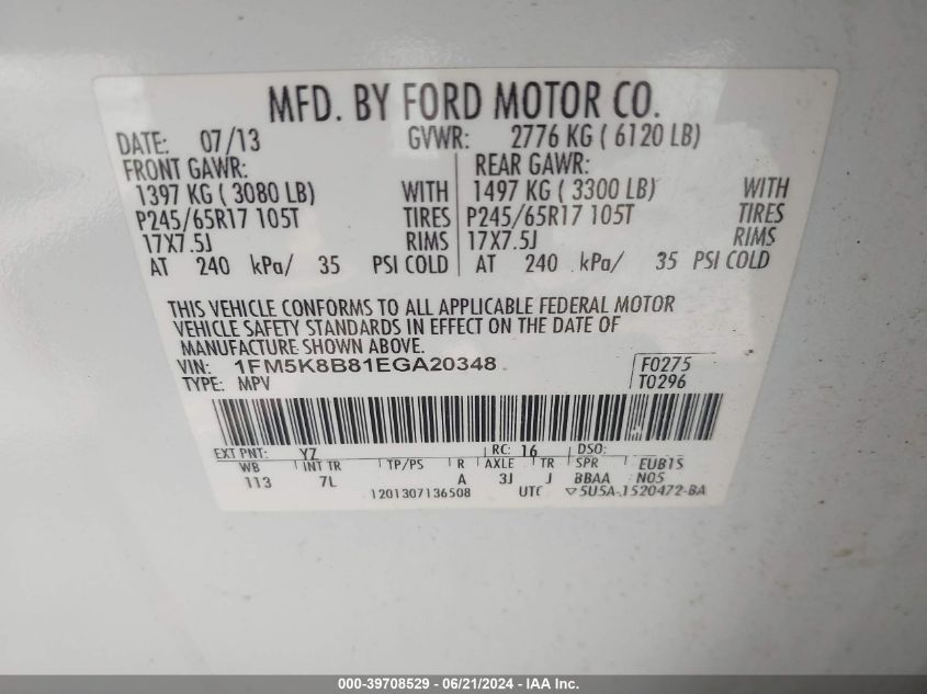 2014 Ford Explorer VIN: 1FM5K8B81EGA20348 Lot: 39708529