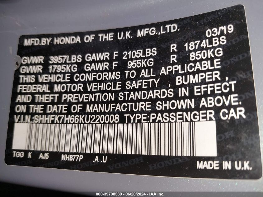 2019 Honda Civic Ex VIN: SHHFK7H66KU220008 Lot: 39708530