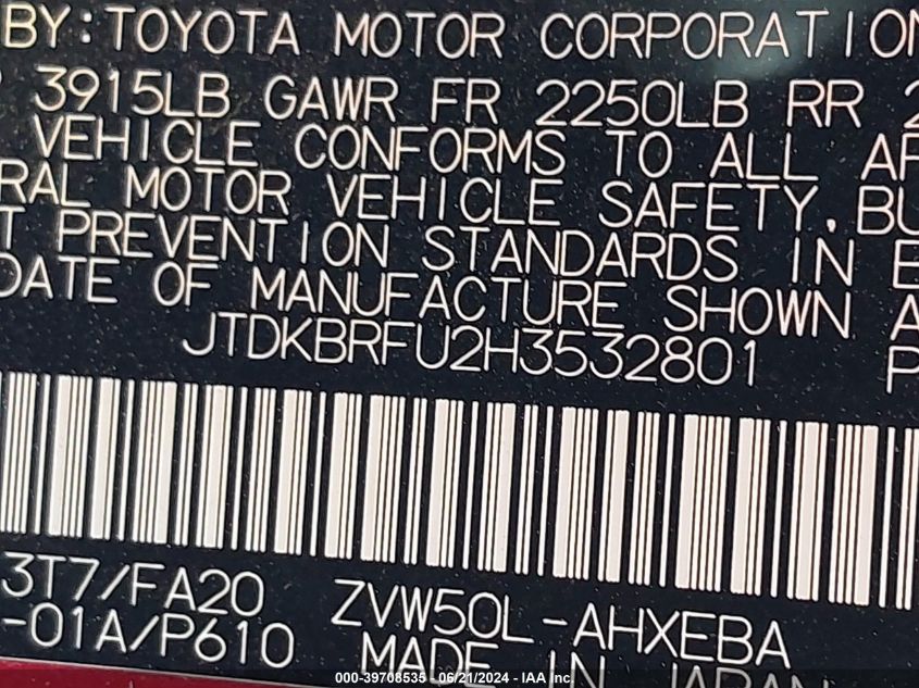 2017 Toyota Prius Two VIN: JTDKBRFU2H3532801 Lot: 39708535