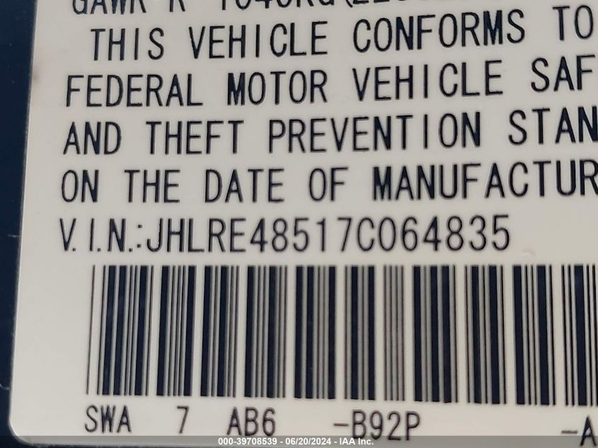 2007 Honda Cr-V Ex VIN: JHLRE48517C064835 Lot: 39708539