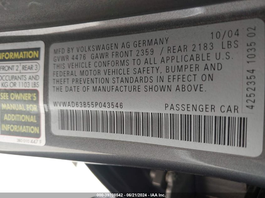 2005 Volkswagen Passat Gls 1.8T VIN: WVWAD63B55P043546 Lot: 39708542