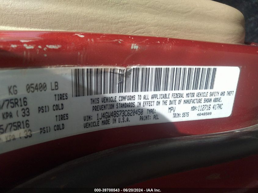 2003 Jeep Grand Cherokee Laredo VIN: 1J4GW48S73C620450 Lot: 39708543