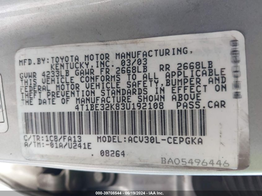 2003 Toyota Camry Xle VIN: 4T1BE32K83U192108 Lot: 39708544