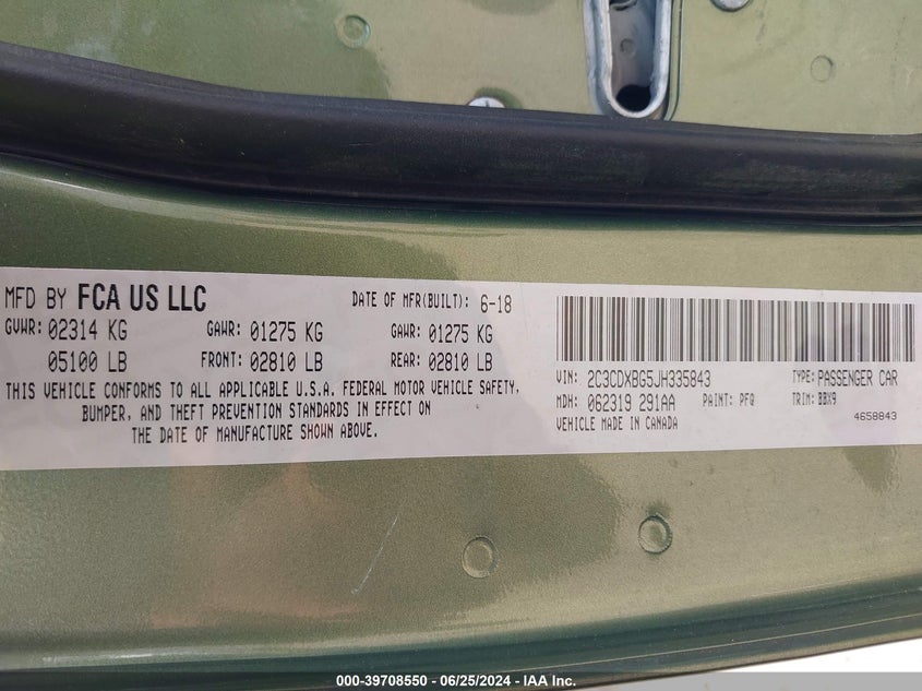 2018 Dodge Charger Sxt Rwd VIN: 2C3CDXBG5JH335843 Lot: 39708550