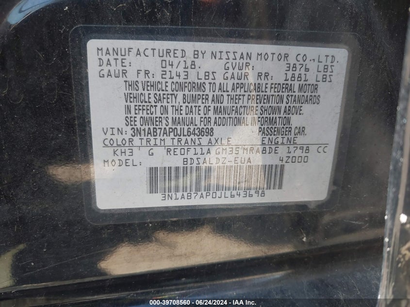 2018 Nissan Sentra Sv VIN: 3N1AB7AP0JL643698 Lot: 39708560