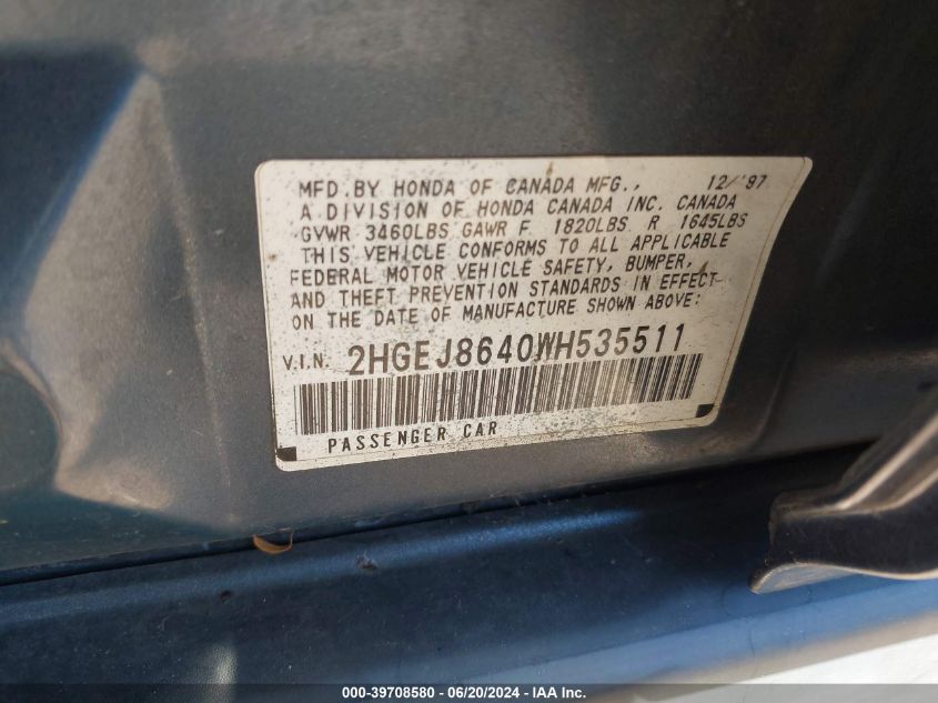 1998 Honda Civic Ex VIN: 2HGEJ8640WH535511 Lot: 39708580