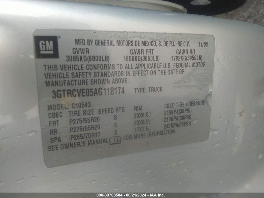 2010 GMC Sierra 1500 Sle VIN: 3GTRCVE05AG118174 Lot: 39708584