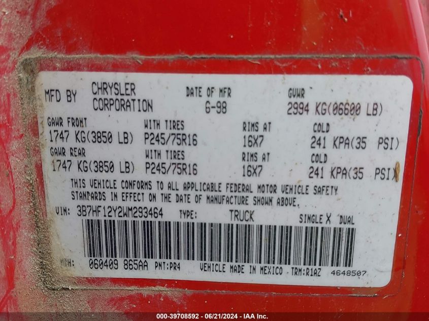 1998 Dodge Ram 1500 St VIN: 3B7HF12Y2WM293464 Lot: 39708592