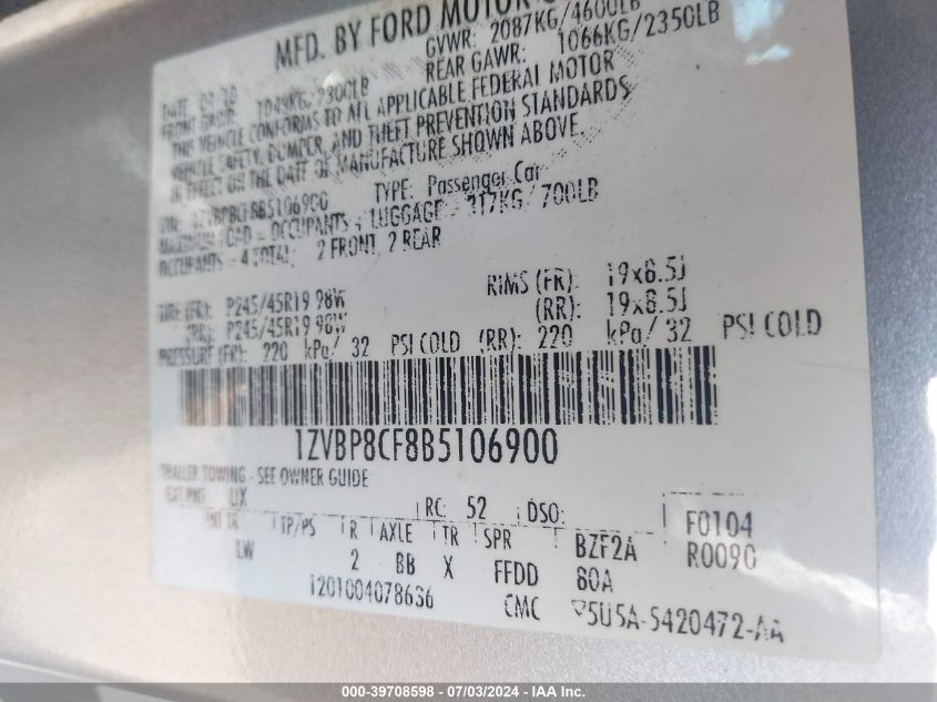 2011 Ford Mustang Gt Premium VIN: 1ZVBP8CF8B5106900 Lot: 39708598