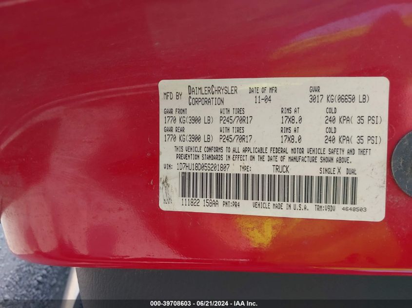 2005 Dodge Ram 1500 Slt/Laramie VIN: 1D7HU18D05S201807 Lot: 39708603