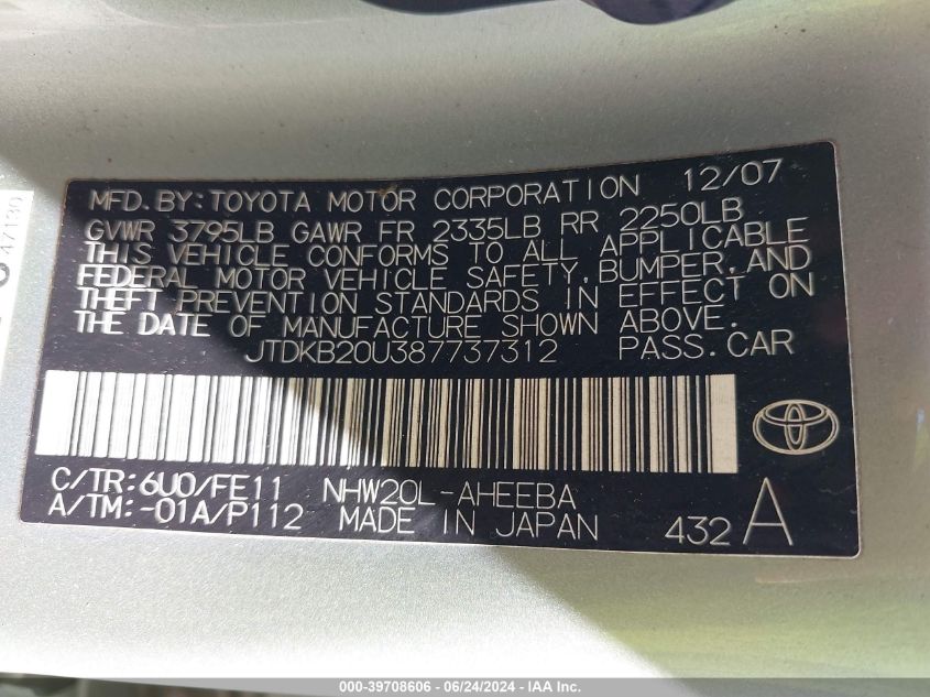 JTDKB20U387737312 2008 Toyota Prius