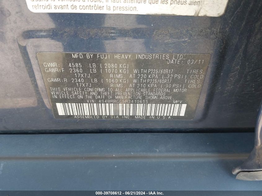 2011 Subaru Outback 2.5I Premium VIN: 4S4BRBGC5B3410655 Lot: 39708612