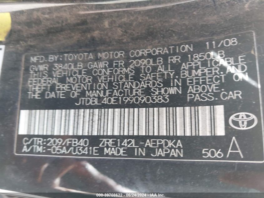 2009 Toyota Corolla Le VIN: JTDBL40E199090383 Lot: 39708622