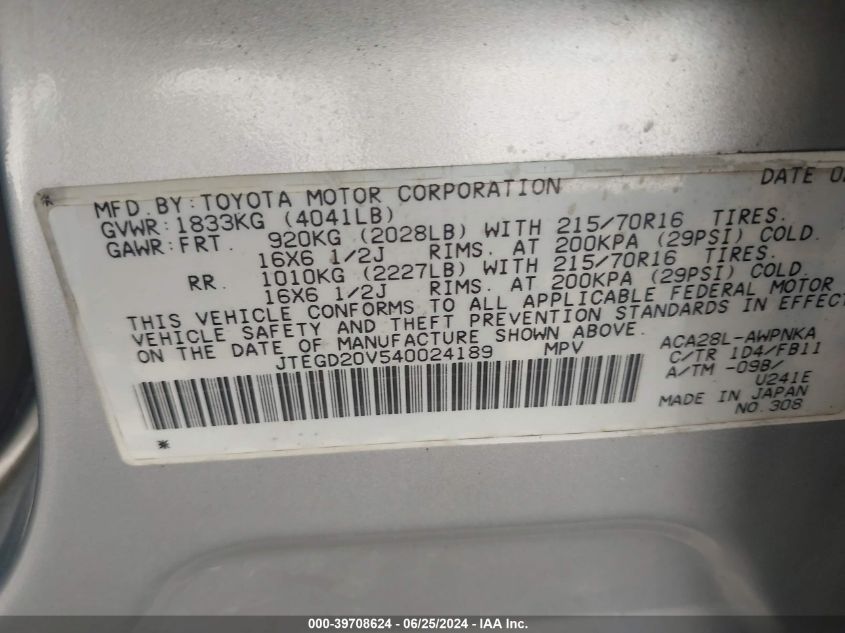 2004 Toyota Rav4 VIN: JTEGD20V540024189 Lot: 39708624