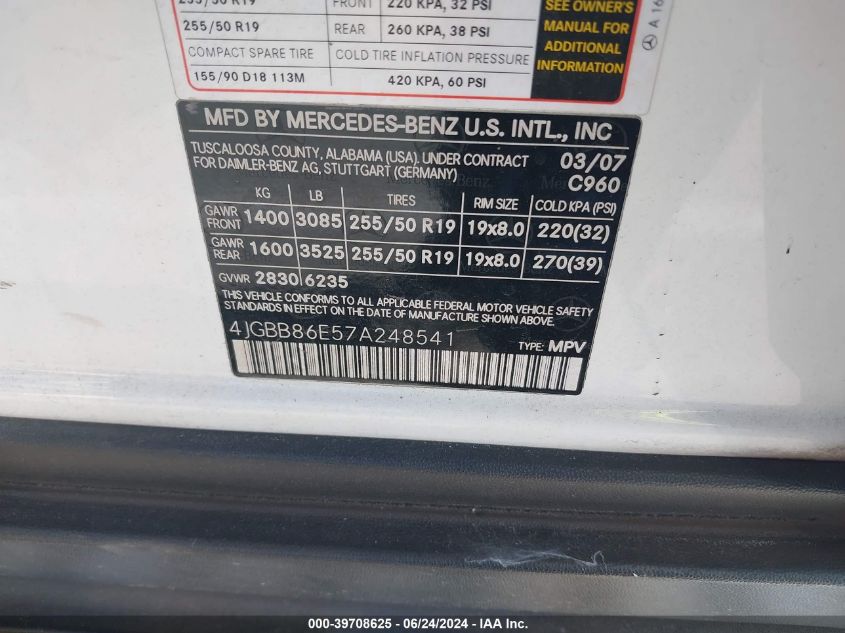 2007 Mercedes-Benz Ml 350 4Matic VIN: 4JGBB86E57A248541 Lot: 39708625