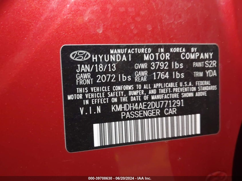 2013 Hyundai Elantra Gls/Limited VIN: KMHDH4AE2DU771291 Lot: 39708630