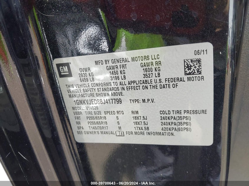 2011 Chevrolet Traverse 2Lt VIN: 1GNKVJED8BJ417799 Lot: 39708643