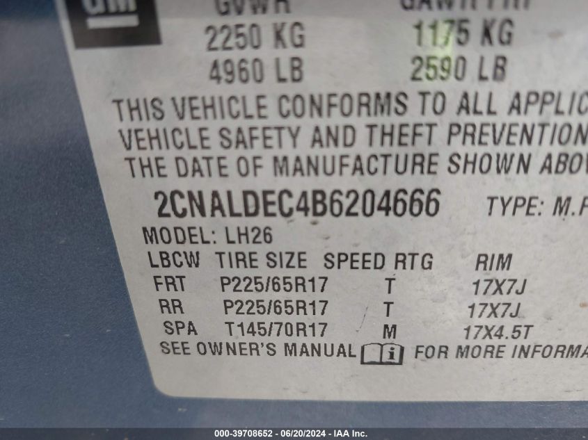 2011 Chevrolet Equinox 1Lt VIN: 2CNALDEC4B6204666 Lot: 39708652