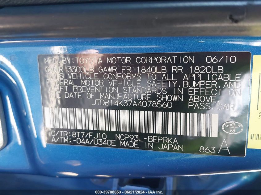 2010 Toyota Yaris VIN: JTDBT4K37A4078560 Lot: 39708653