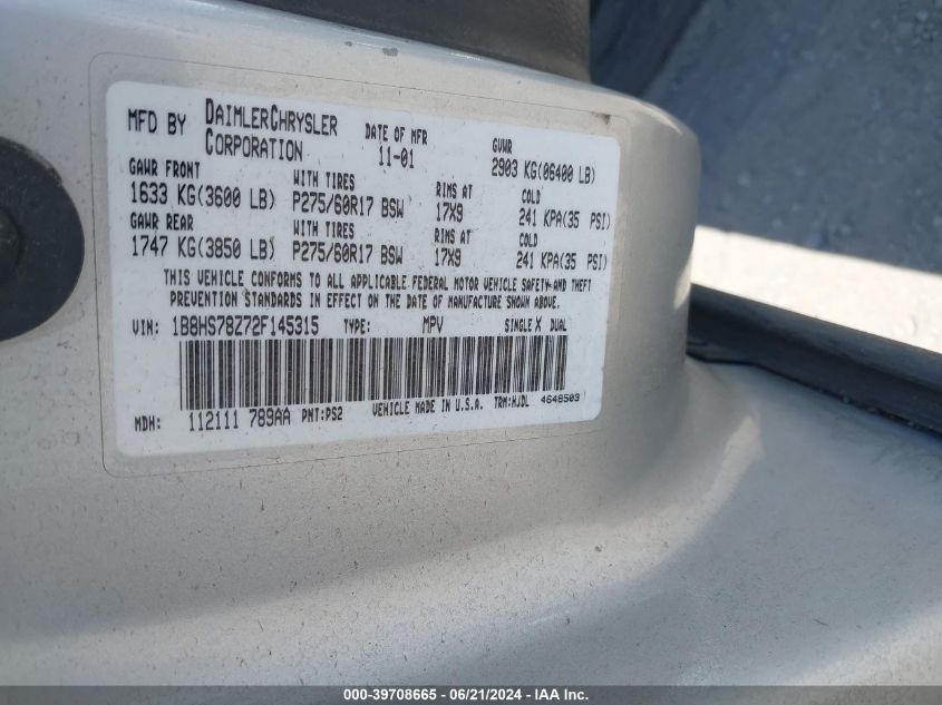 2002 Dodge Durango R/T VIN: 1B8HS78Z72F145315 Lot: 39708665