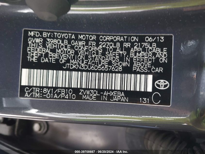 2013 Toyota Prius Five/Four/Three/Three Se/Two VIN: JTDKN3DU6D5657628 Lot: 39708667