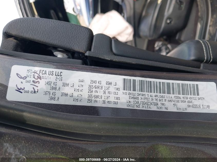 2016 Jeep Grand Cherokee Limited VIN: 1C4RJFBGXGC347684 Lot: 39708669