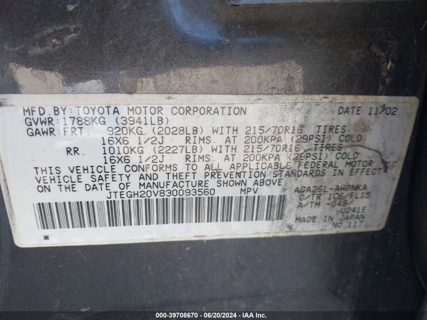 2003 Toyota Rav4 VIN: JTEGH20V830093560 Lot: 39708670