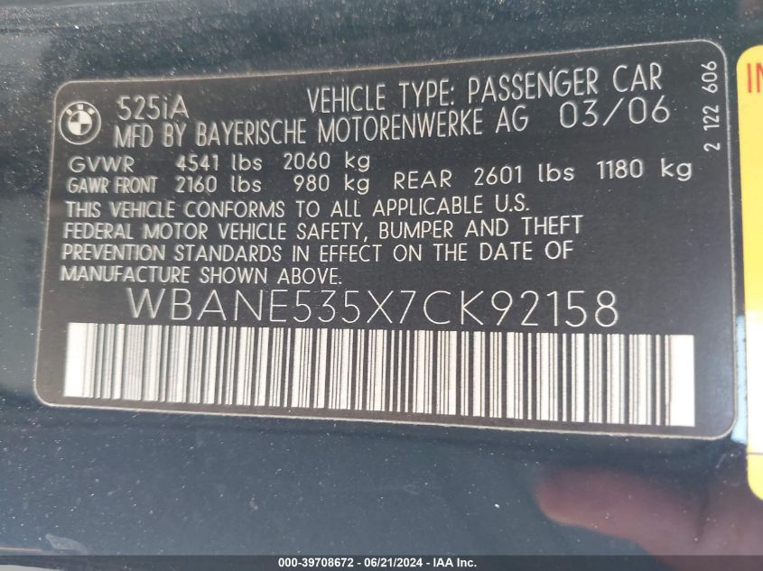 2007 BMW 525I VIN: WBANE535X7CK92158 Lot: 39708672