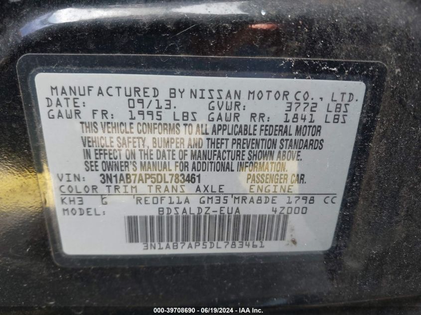 2013 Nissan Sentra Sv VIN: 3N1AB7AP5DL783461 Lot: 39708690