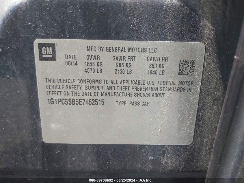 2014 Chevrolet Cruze 1Lt Auto VIN: 1G1PC5SB5E7462515 Lot: 39708692