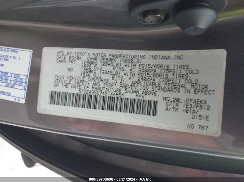 5TDZA23C74S144864 2004 Toyota Sienna Ce