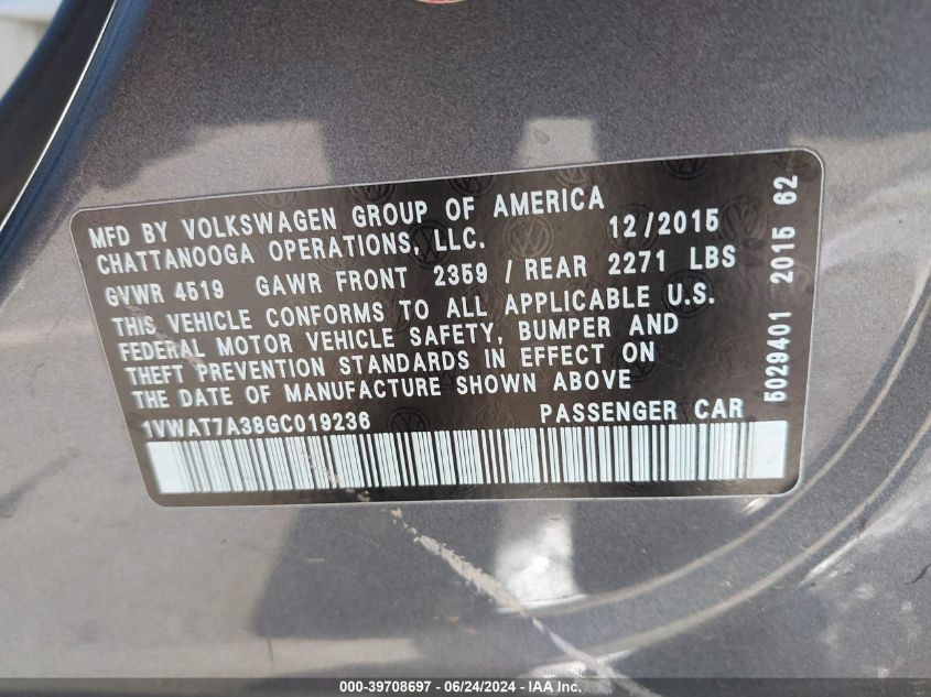 2016 Volkswagen Passat 1.8T S VIN: 1VWAT7A38GC019236 Lot: 39708697
