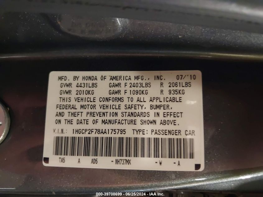 2010 Honda Accord 2.4 Ex VIN: 1HGCP2F78AA175795 Lot: 39708699