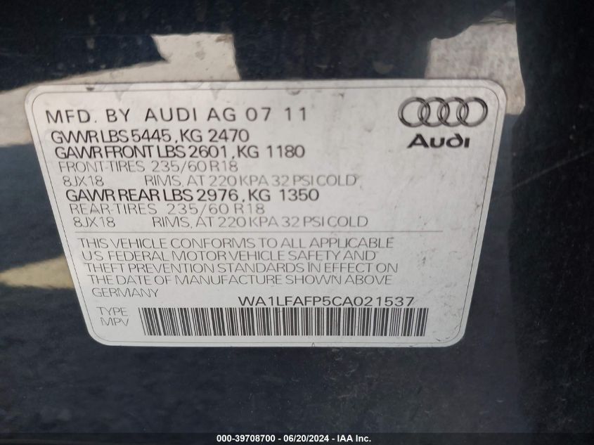 2012 Audi Q5 2.0T Premium VIN: WA1LFAFP5CA021537 Lot: 39708700