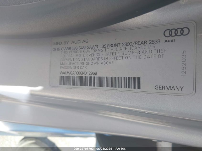 2016 Audi A7 3.0T Premium Plus VIN: WAUWGAFC8GN012968 Lot: 39708703