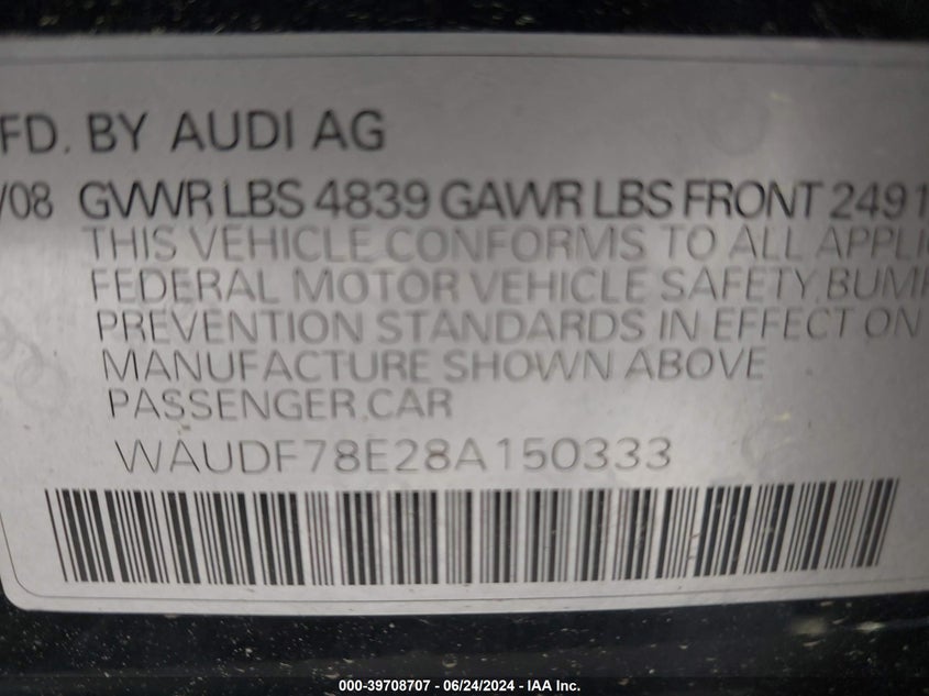 2008 Audi A4 2.0T/2.0T Special Edition VIN: WAUDF78E28A150333 Lot: 39708707