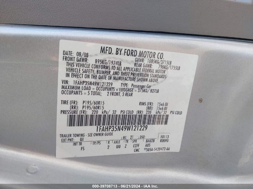 2009 Ford Focus Se VIN: 1FAHP35N49W121229 Lot: 39708713