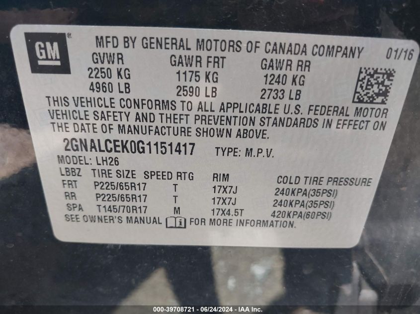 2GNALCEK0G1151417 2016 Chevrolet Equinox Lt